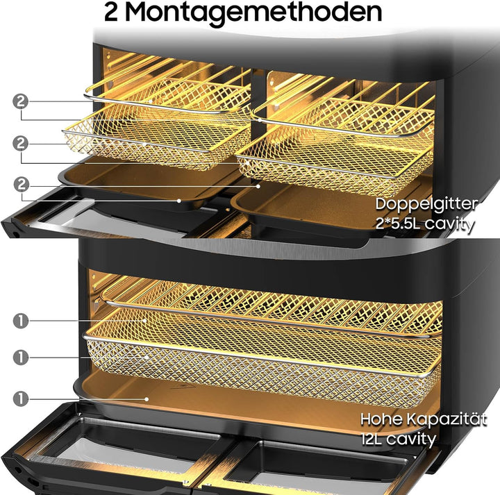 Iceagle Heissluftfritteuse Doppelkammer Airfryer 12L - Heissluftfriteuse XXL Friteuse mit Sichtfenst