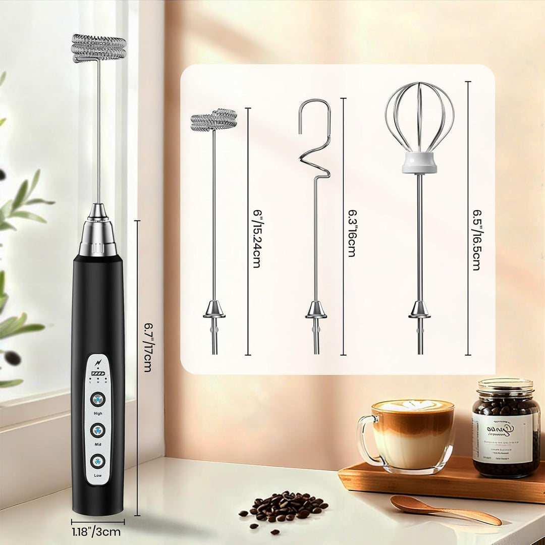 Milchaufschäumer Elektrisch mit 3 Quirl USB-C Wiederaufladbar Milchschäumer Schwarz ohne Ständer, Sc