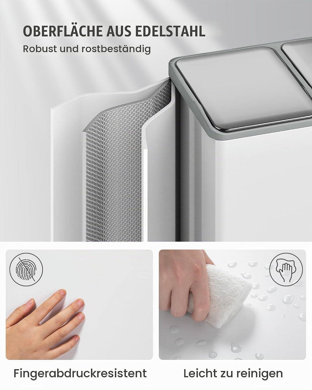 Hzuaneri Mülleimer Küche, Mülltrennsystem 2 Fächer 60 L (2 x 30 L), Edelstahl-küchenmülleimer, Tretm