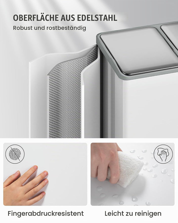 Hzuaneri Mülleimer Küche, Mülltrennsystem 2 Fächer 60 L (2 x 30 L), Edelstahl-küchenmülleimer, Tretm