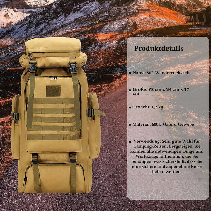 80 l Wanderrucksack, Camping-Rucksack, Jagd-Rucksack für Outdoor, wasserabweisend, taktischer Rucksa