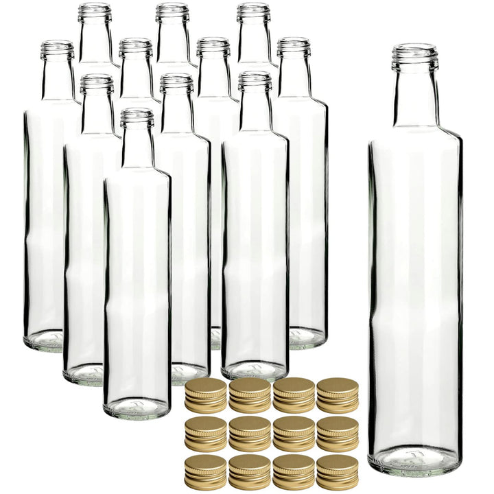 gouveo 12er Set 500ml Glasflaschen Dorica klar mit goldfarbenem PP 31,5 Schraubverschluss - Essigfla