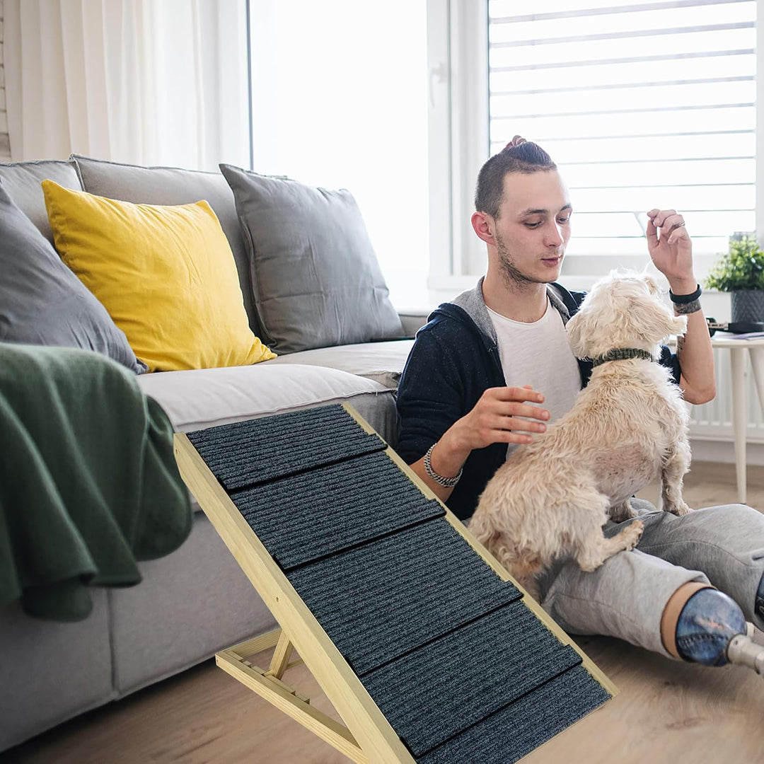 Hunderampe aus Holz, Klappbar Hundetreppe Höhenverstellbar, Hundetreppe für Bett Sofa 60cm Hoch, rut