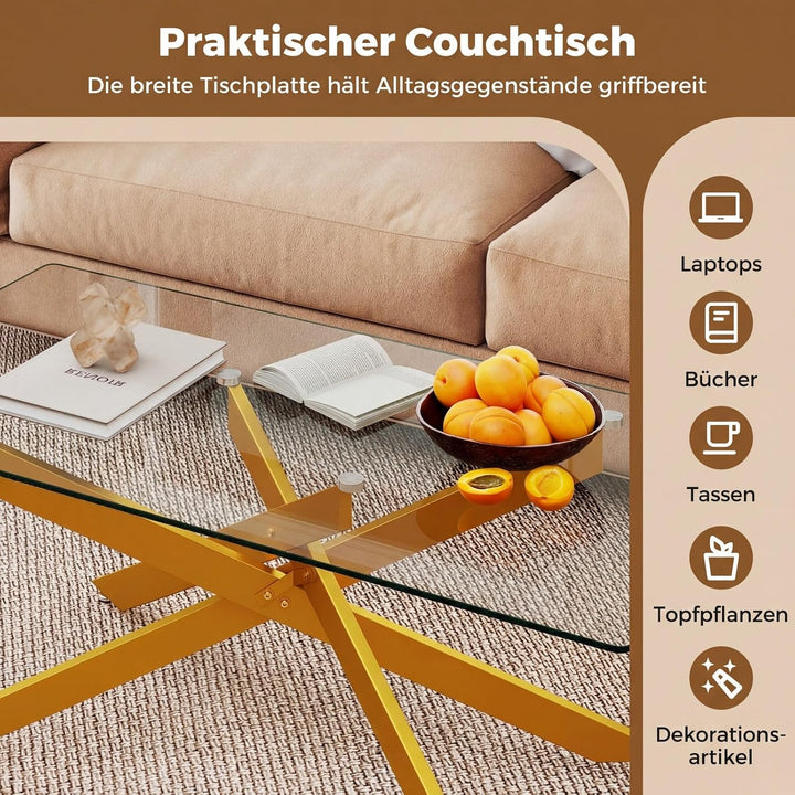 COSTWAY Couchtisch aus gehärtetem Glas, rechteckiger Glastisch mit Metall-Rohrrahmen, Wohnzimmertisc