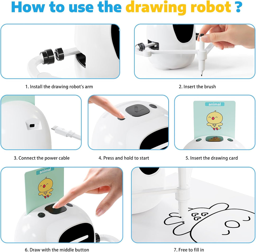 Zeichenroboter für Kinder ab 3 Jahren – sprachinteraktiver Malroboter mit 100 Lernkarten, 4 Stiften,
