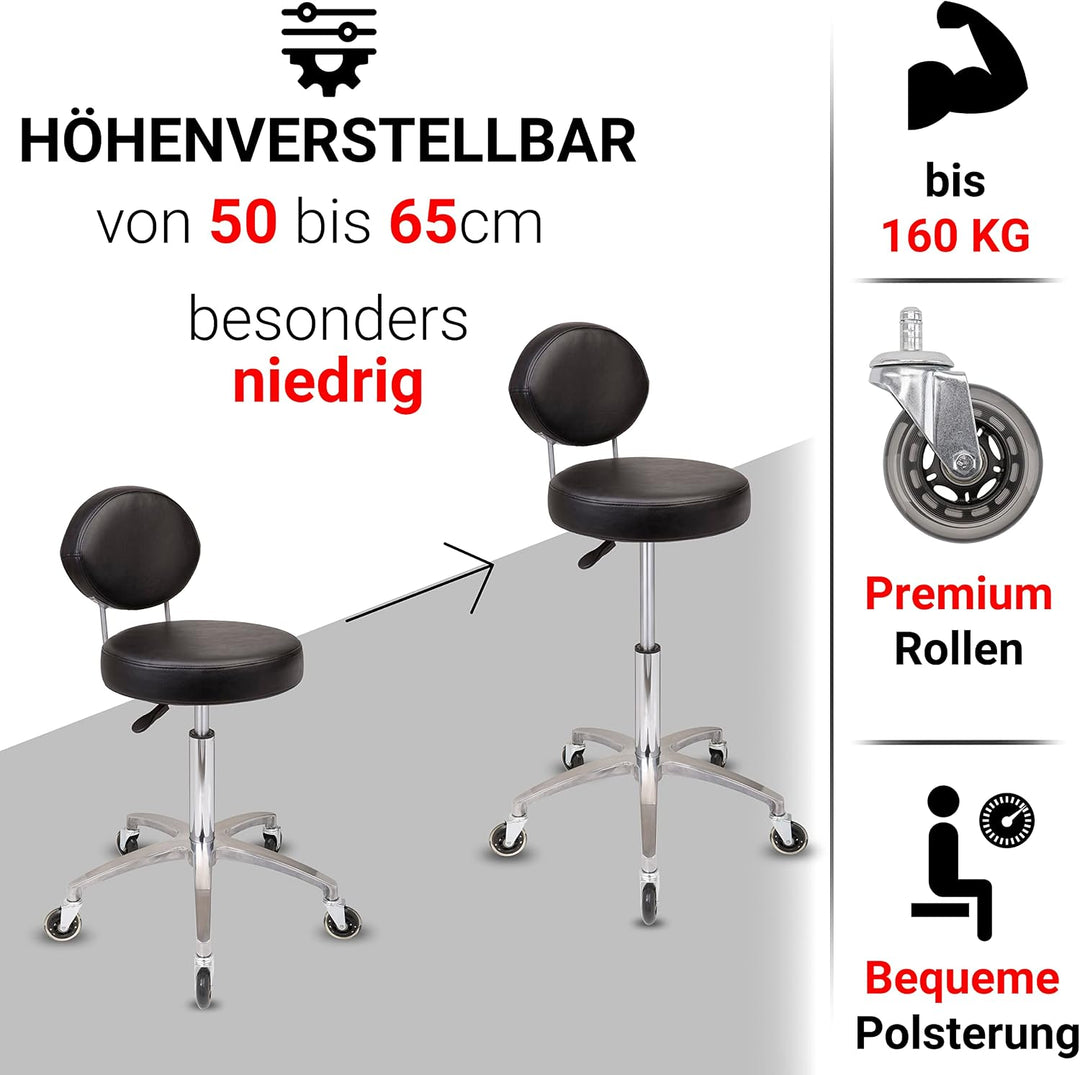 Staboos Rollhocker bis 160 kg - Premium Sitz rund mit Lehne - Praxishocker (Premium Rollen) Drehhock