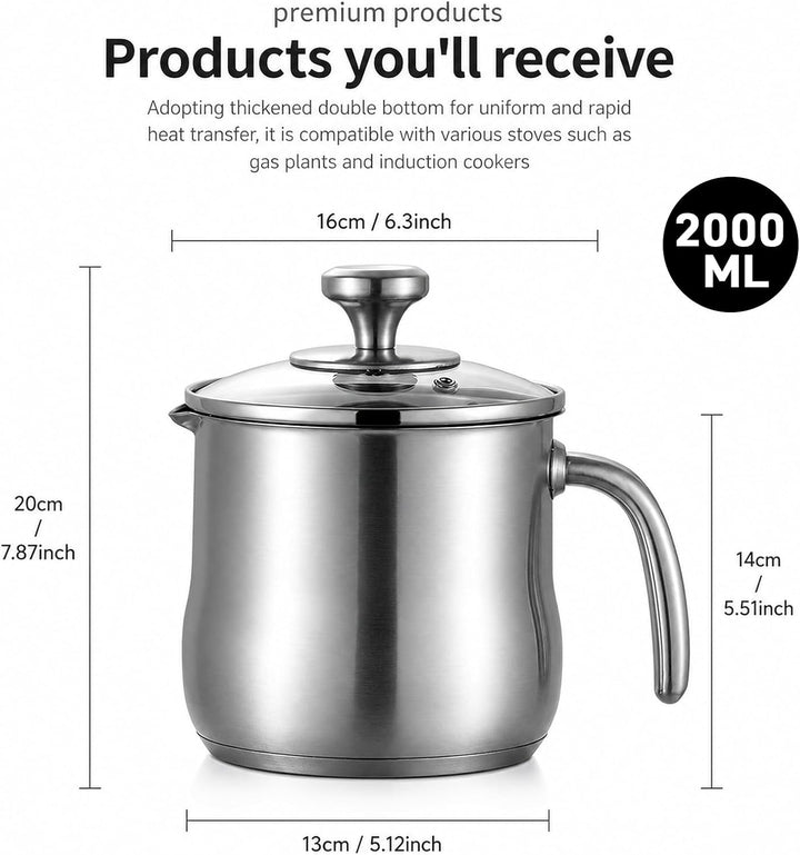 2 Liter Milchtopf Induktion - Milchtopf mit Ausgiesser Glasdeckel und Verbrühungsschutzgriff- Milchk