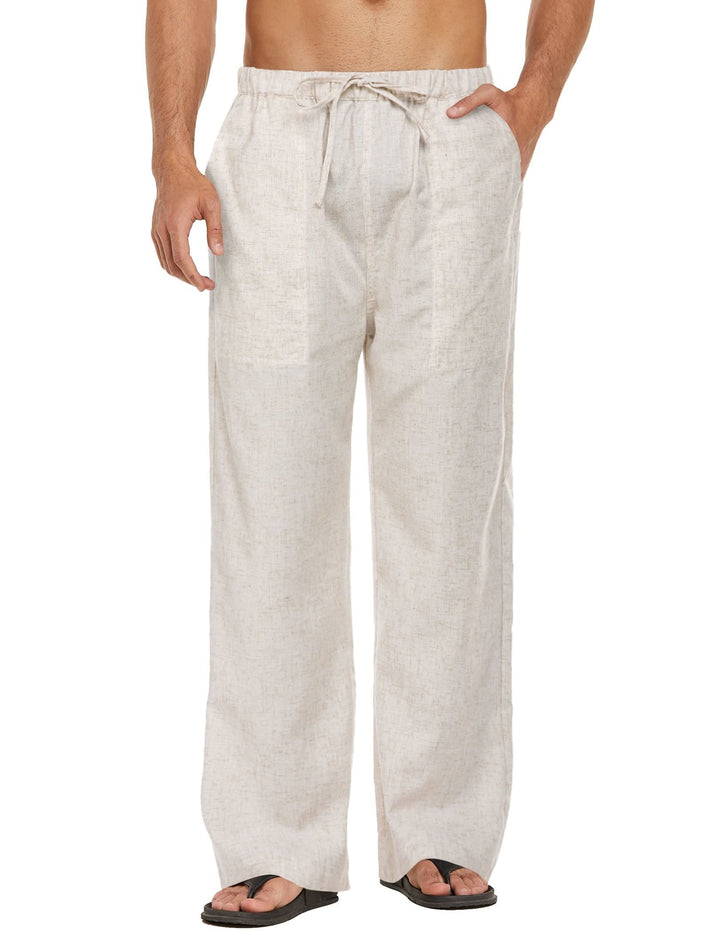 COOFANDY Herren Leinenhose mit Kordelzug Leicht Sommerhose Freizeithose Strandhose Urlaub Einfarbig