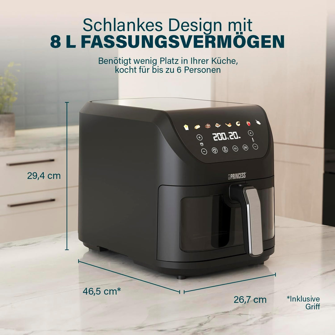 Princess SlimFry Heissluftfritteuse 8 L, platzsparend, fettfreie Kochtechnologie, 8 Programme, Sicht