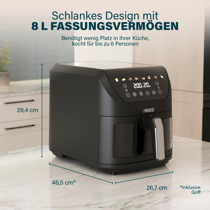 Princess SlimFry Heissluftfritteuse 8 L, platzsparend, fettfreie Kochtechnologie, 8 Programme, Sicht
