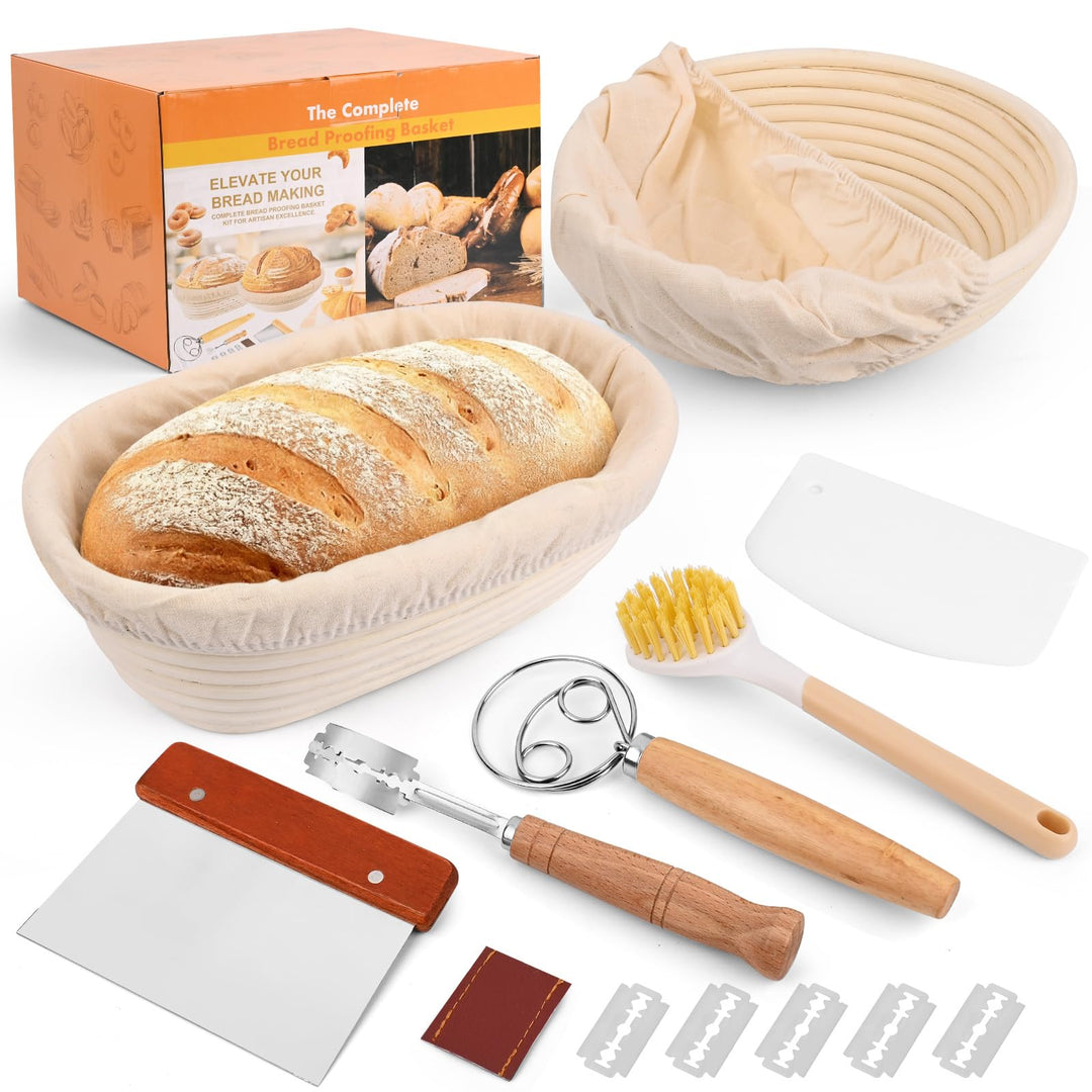 Gärkorb Brot Set, Komplettset Brot Backen Zubehör inkl. Brotgärkorb (23cm rund &amp; 25cm oval), Teigsch