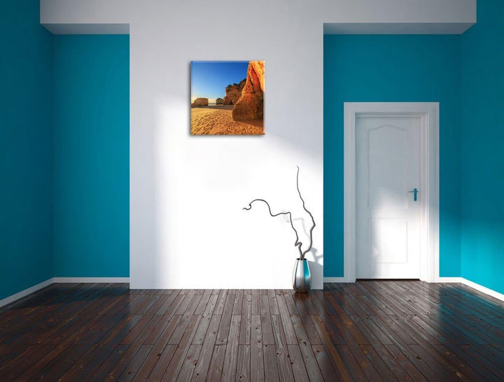 Sonnenuntergang an Felsen, Format: 70x70 auf Leinwand, XXL riesige Bilder fertig gerahmt mit Keilrah