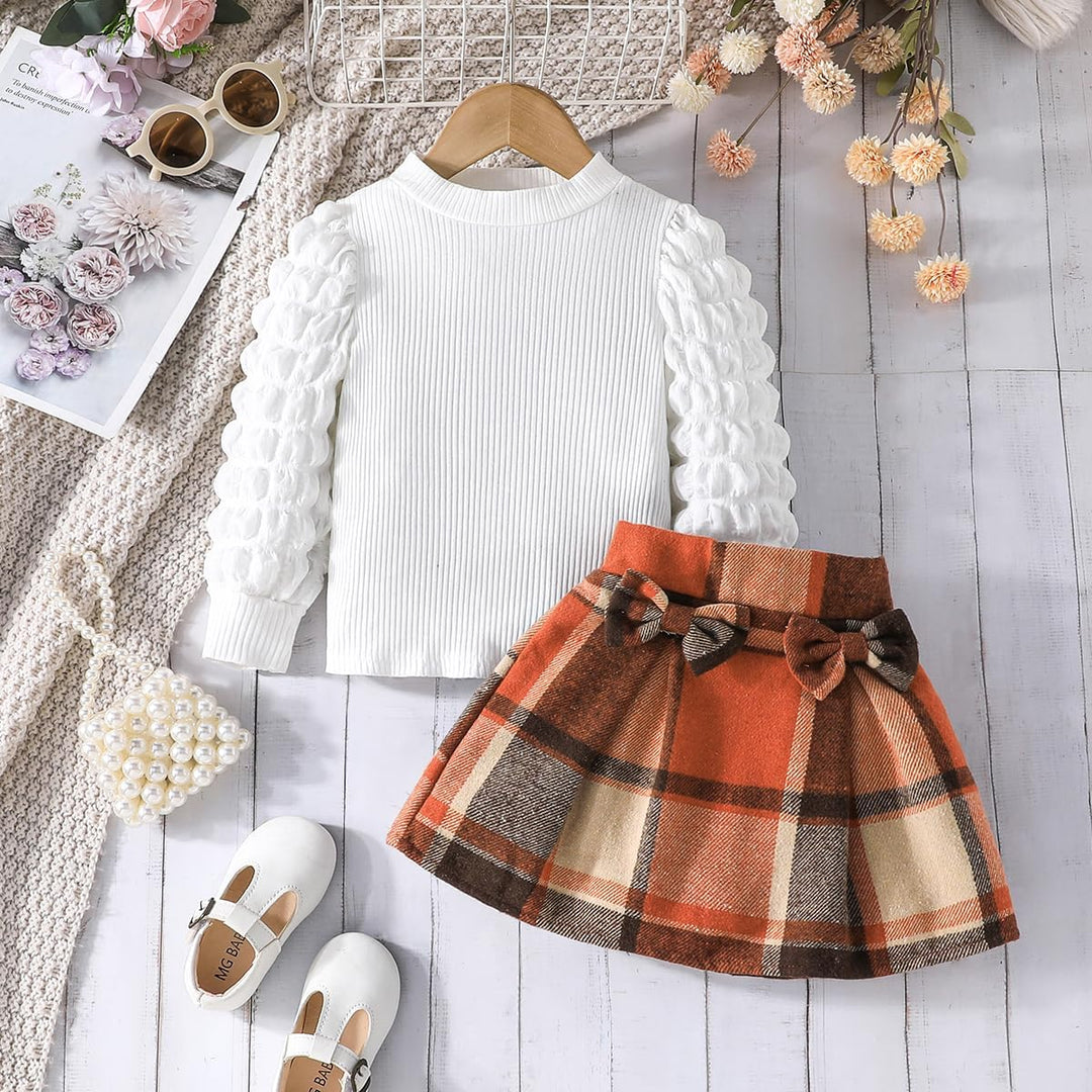 Kleinkind Mädchen Kleidung Puffärmel Langarm Gerippte Oberteile + Bowknot Plaid Mini Rock 2 Stück He