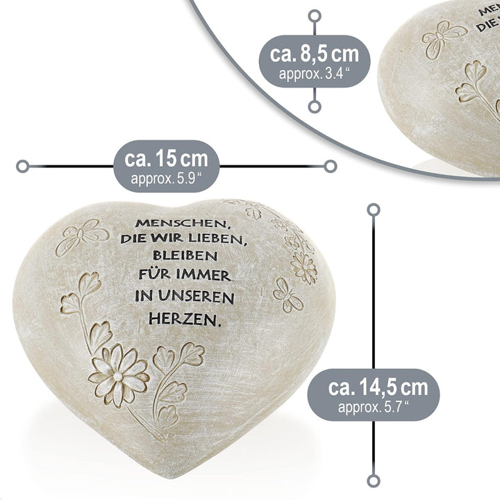 com-four® Grab-Dekoration in Herz-Form - Gedenkstein mit Aufschrift - wetterfester Grabschmuck mit S