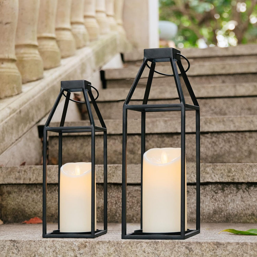 HPC Decor schwarze Metall-Kerzenlaternen, Set mit 2 Laternen, dekorativ mit flackerndem Timer, 44 cm