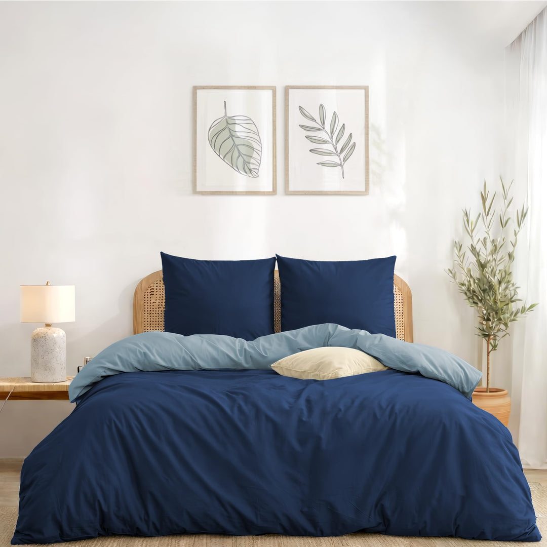 Twinzen - Bettwäsche 220x240 cm mit 2 Kissenbezüge 65x65 cm - Wendbar Dunkelblau / Blaugrau 240x220