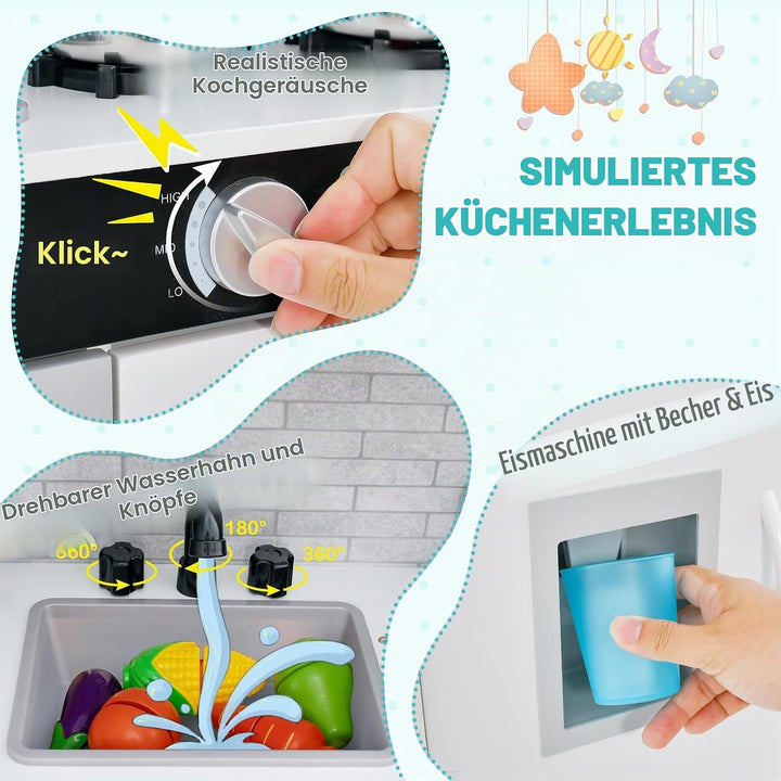 HOMASIS Spielküche mit 10 Zubehör, Kinderküche Holz, Spielzeugküche mit Tafel Spüle Herd Ofen Mikrow