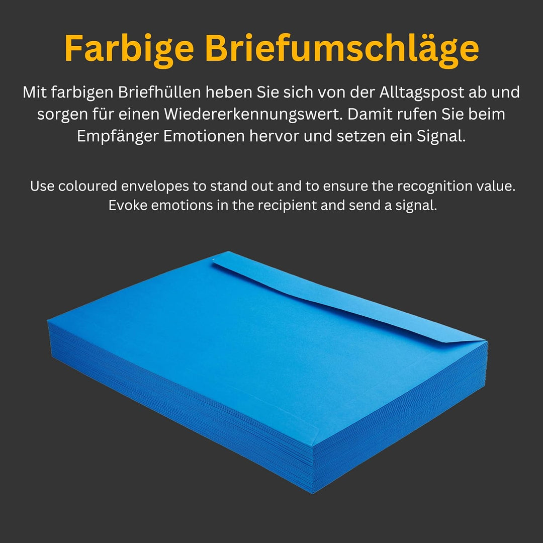 50 Stück, Farbige Briefumschläge, DIN C4, Haftklebung mit Abziehstreifen, Gerade Klappe, 130 g/qm Co