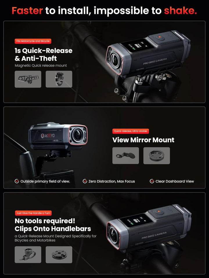 AKEEYO AKY-730Pro 4K Motorrad/Fahrrad Dashcam,60FPS Action-Kamera mit EIS-Stabilisierung,1,14" Touch