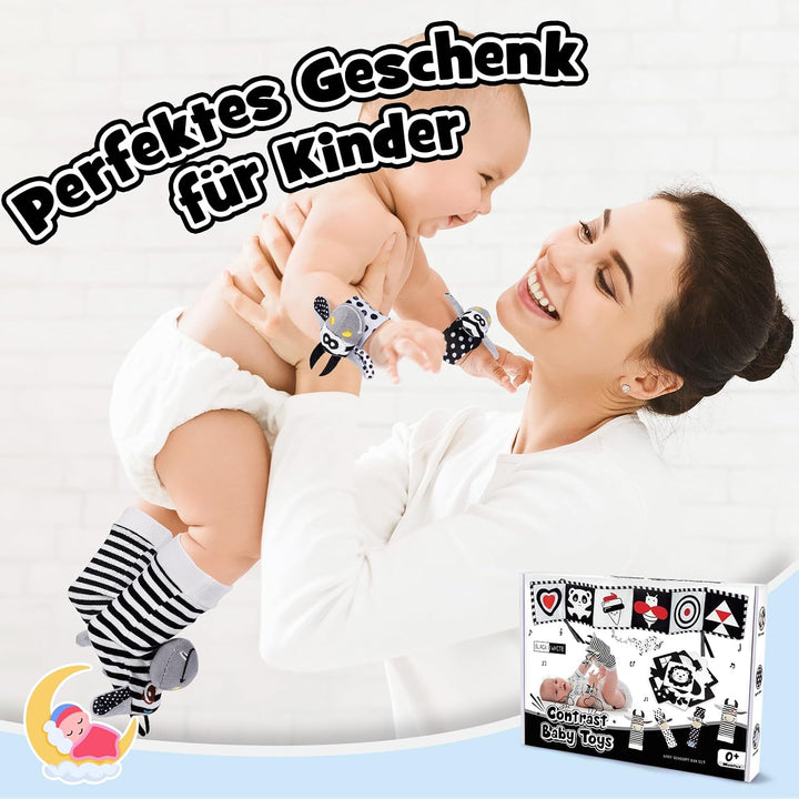 Kontrastbuch Baby Schwarz Weiss Spielzeug, Kontrastkarten Baby Spielzeug 0-12 Monate Rasselsocken Ba