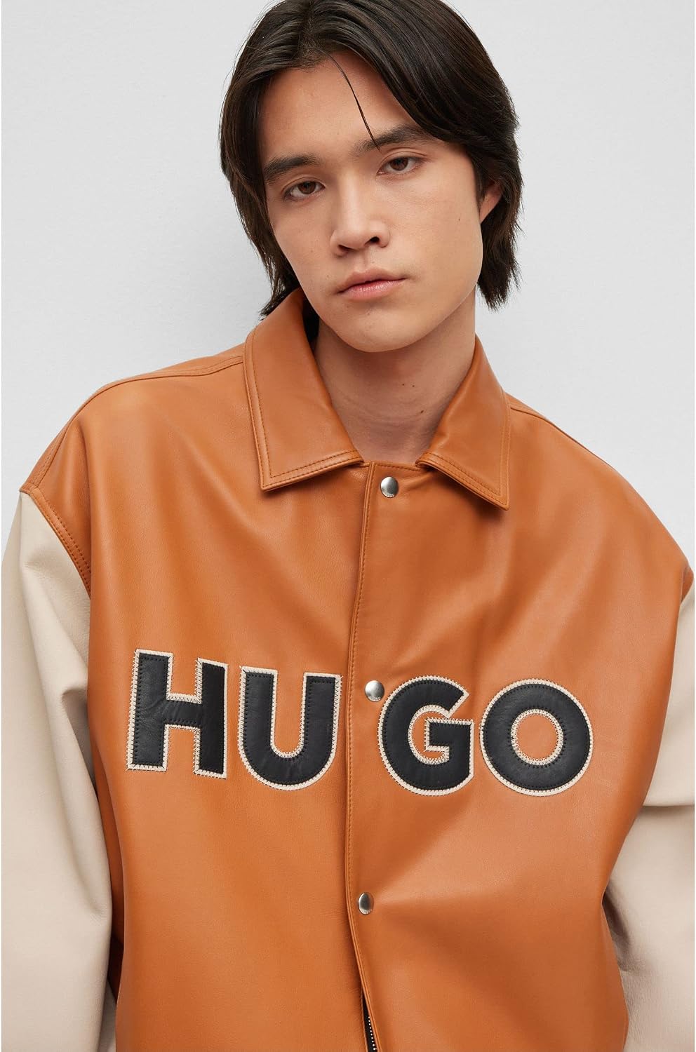 HUGO Herren Luganos College-Jacke aus Leder im Colour-Block-Design mit Logo XS Orange, XS Orange
