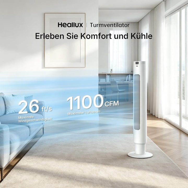 HEALLUX Turmventilator, 101cm leiser Standventilator mit Fernbedienung, 90° oszillierend, 4 Geschwin