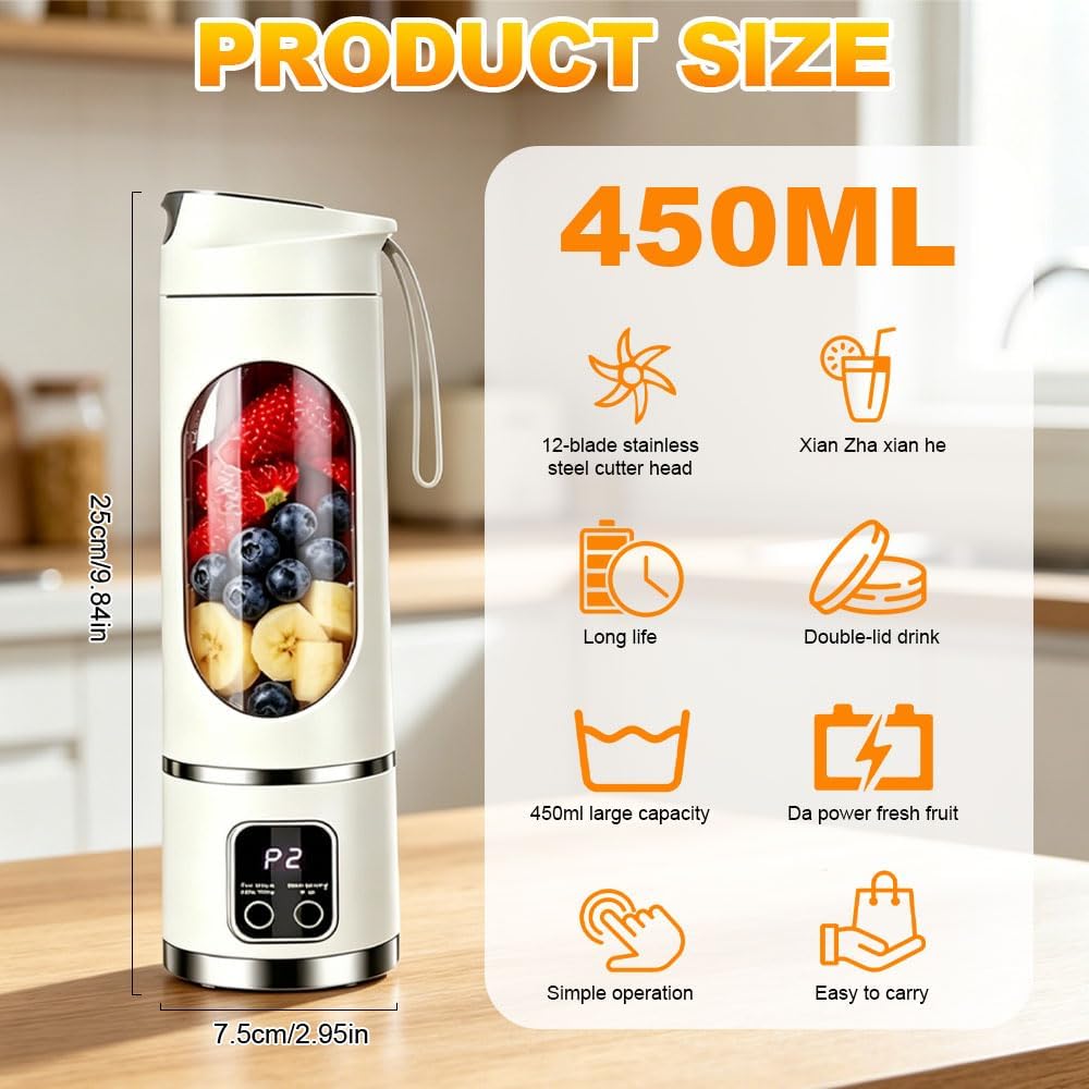 Tragbarer Mixer Smoothie Maker To Go, 450ml Portable Blender, USB Wiederaufladbarer Mini Mixer To Go