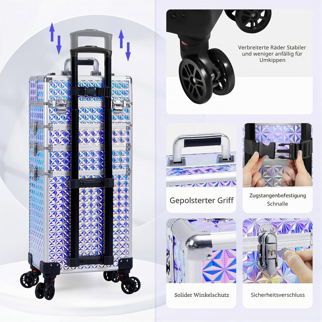 Arous 5-in-1 Profi-Kosmetikkoffer, Aluminium, mit 360° drehbaren Rädern Silber, Silber