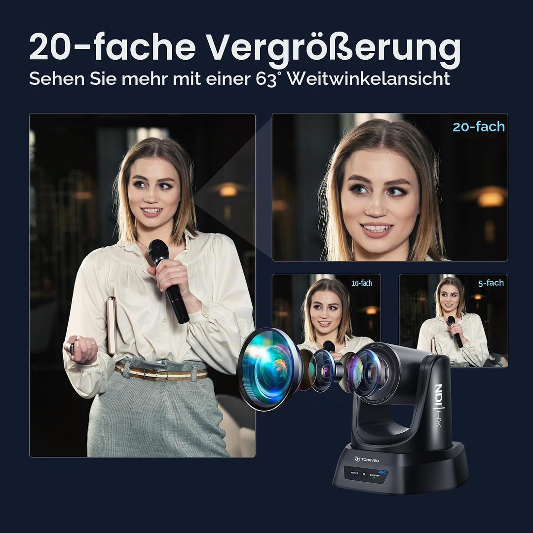 TONGVEO 4K NDI PTZ Kamera mit KI-Auto-Tracking 20-Fach optischem Zoom HDMI IP Live-Streaming SDI USB