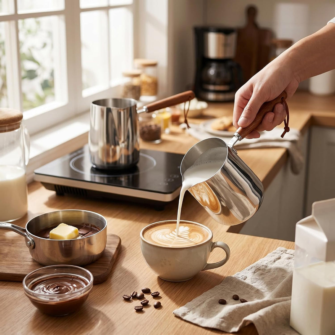 SIXRUN Milchtopf aus Edelstahl mit Holzgriff – 350 ml Milchaufschäumer &amp; Schokoladenschmelzer für In