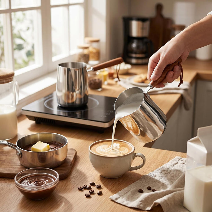 SIXRUN Milchtopf aus Edelstahl mit Holzgriff – 350 ml Milchaufschäumer &amp; Schokoladenschmelzer für In