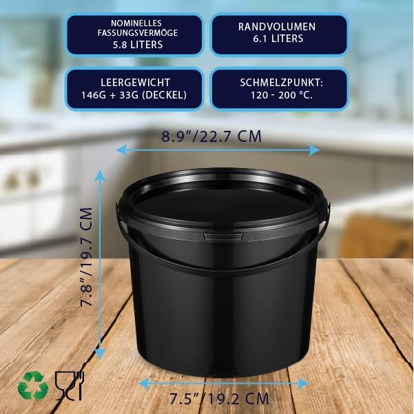 BenBow Eimer mit Deckel 5l Schwarz 50x 5 Liter - lebensmittelecht, stabil, luftdicht, auslaufsicher,