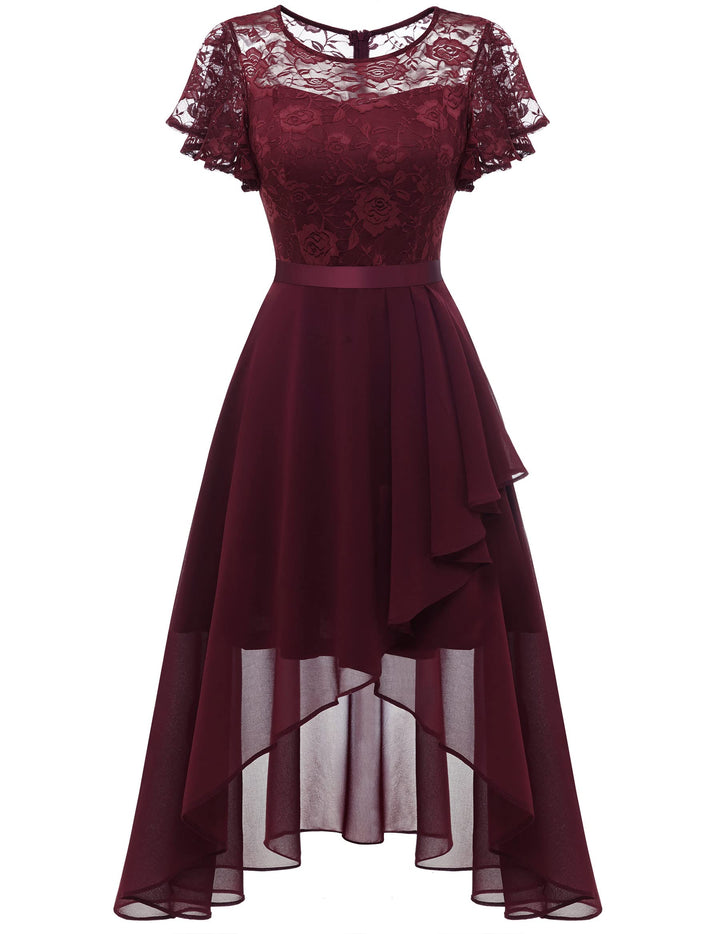 Wedtrend Abendkleid Damen Elegant für Hochzeit High Low Cocktailkleid Chiffonkleid mit Spitzen A Lin