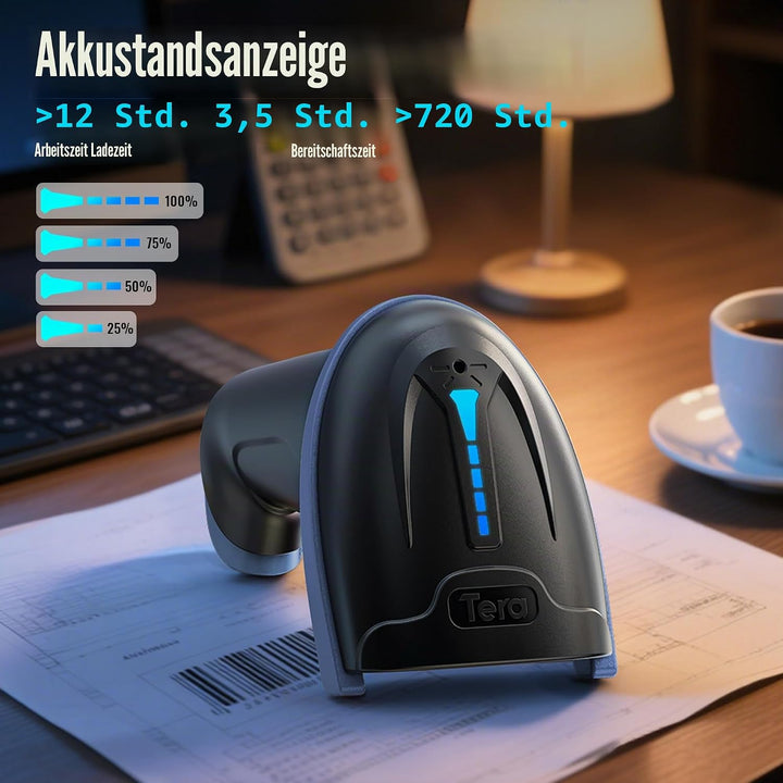 Tera Barcode-Leser kabellos und kabelgebunden mit Batteriestandsanzeige, Barcode-Scanner digital Bed