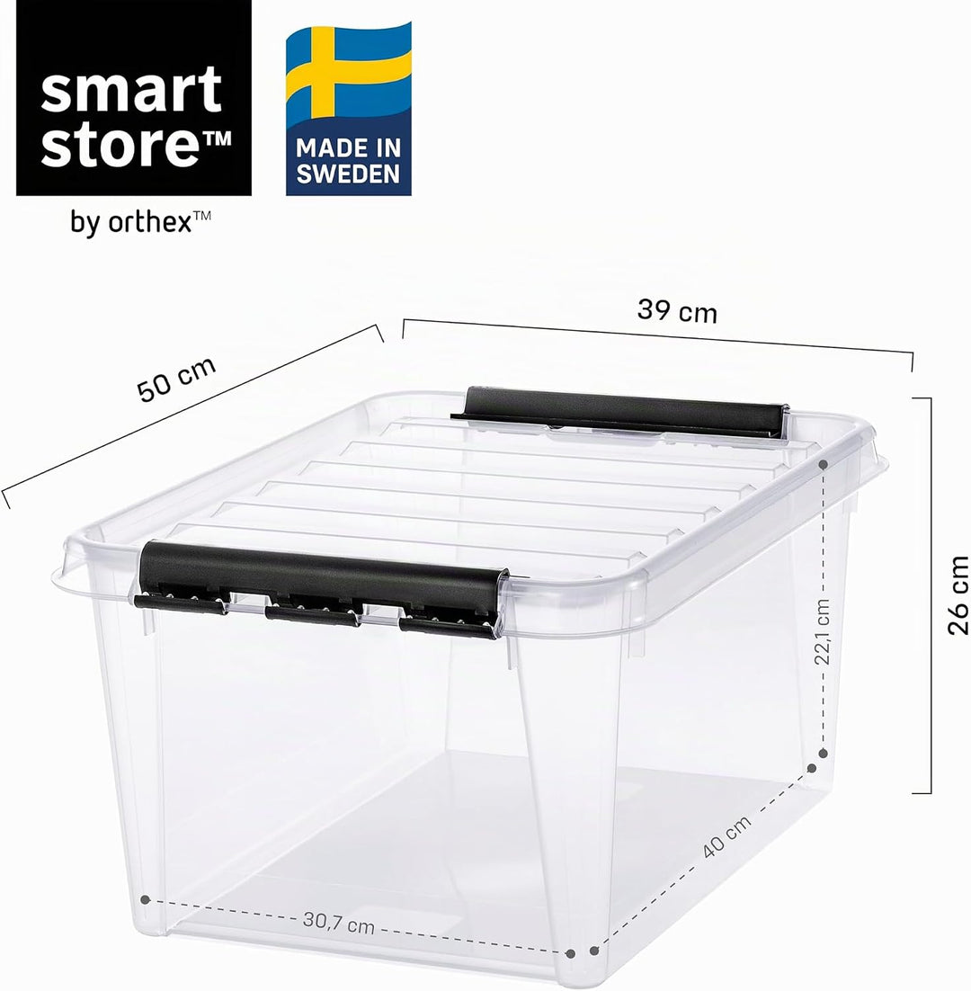 SmartStore Aufbewahrungsboxen mit Deckel, 31 l, transparent, 4er-Pack, verstärkt, 10 Jahre Garantie,