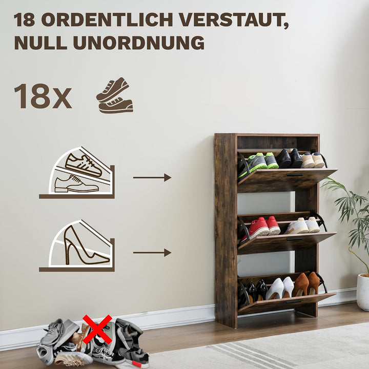 CATAVANA Schuhschrank Schmal - 3 Fächer für 18 Paar - Schuhregal Geschlossen - Platzsparend &amp; Modern