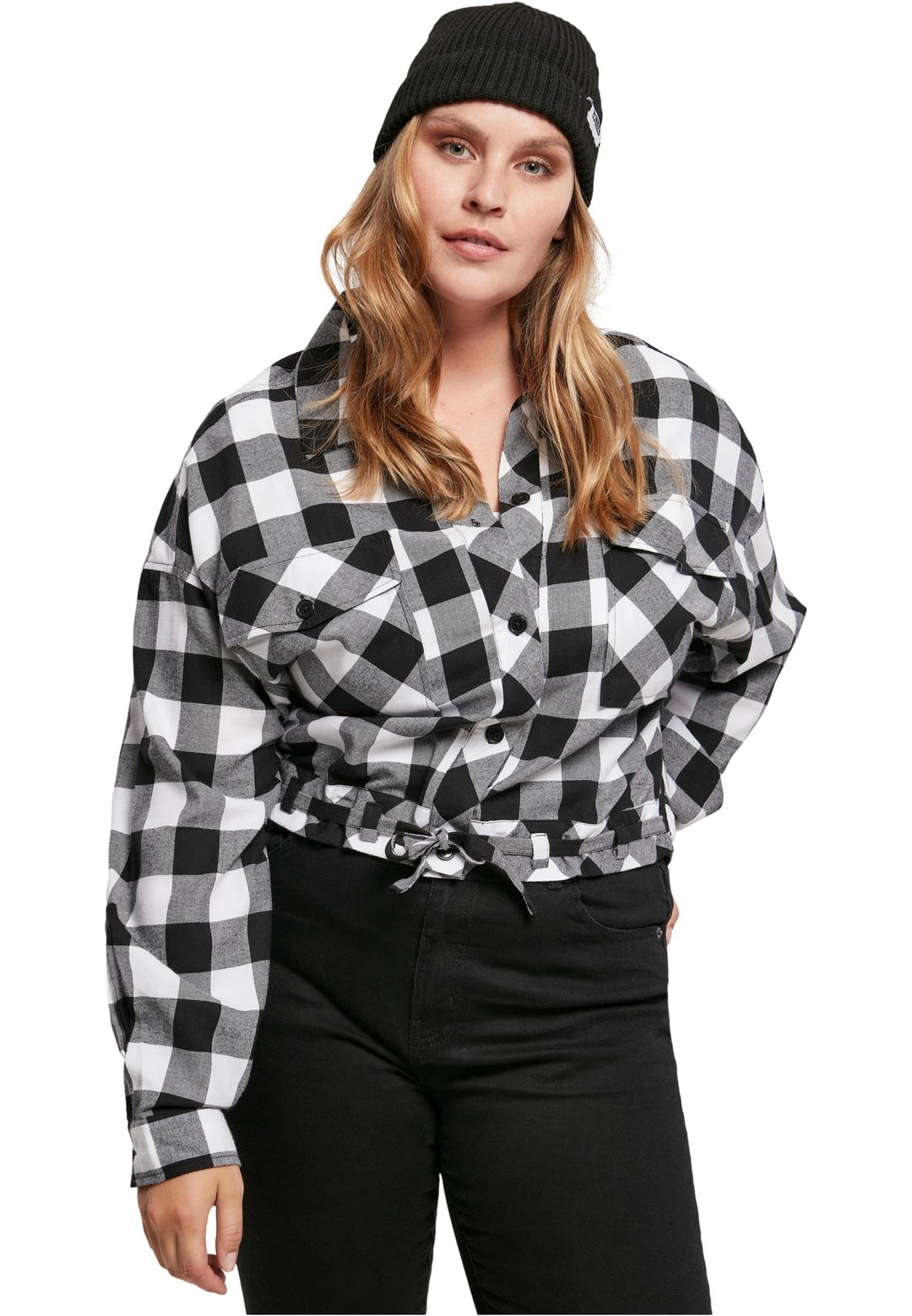 Urban Classics Damen Ladies Short Oversized Check Shirt Hemd 3XL Grosse Grössen Extra Tall Black/Whi
