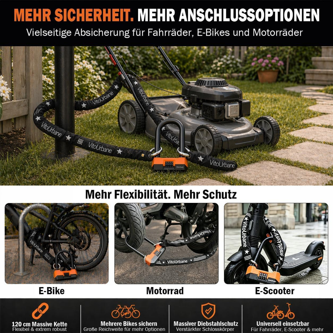 Fahrradschloss mit Zahlencode - 18 mm Fahrrad Bügelschloss und 120 cm Kette Orange und Schwarz, Oran