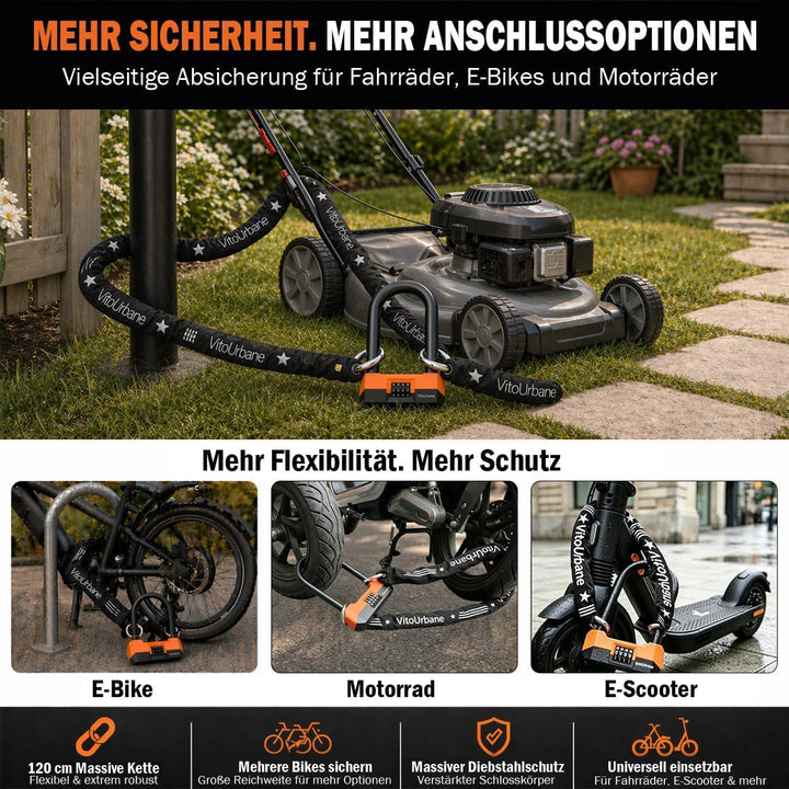 Fahrradschloss mit Zahlencode - 18 mm Fahrrad Bügelschloss und 120 cm Kette Orange und Schwarz, Oran