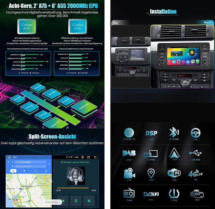 Erisin 8-Kern 4GB+64GB Android 12 Autoradio Bluetooth GPS Navigation für BMW E46 3er M3 Rover 75 MG
