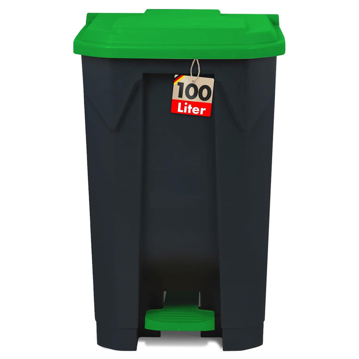 Floordirekt Mülleimer 100 Liter, grüner Deckel, Abfalleimer für Küche und Büro, Mülltrennsystem, Tre