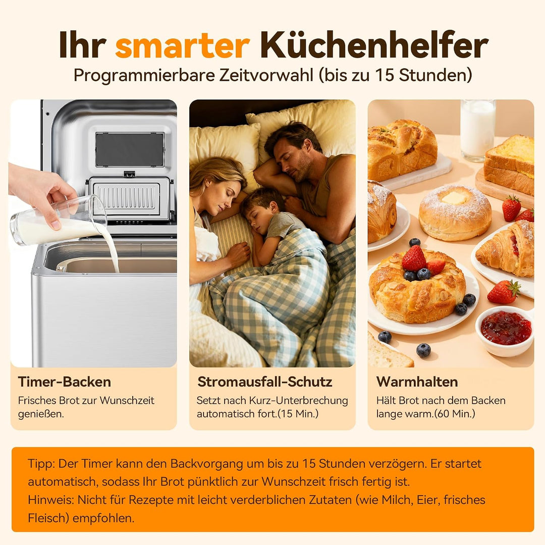 Triumphkey 19 Programme Brotbackautomat mit Auto Zutatenfach, 3 Brotgrössen &amp; 3 Bräunungsstufen, 15