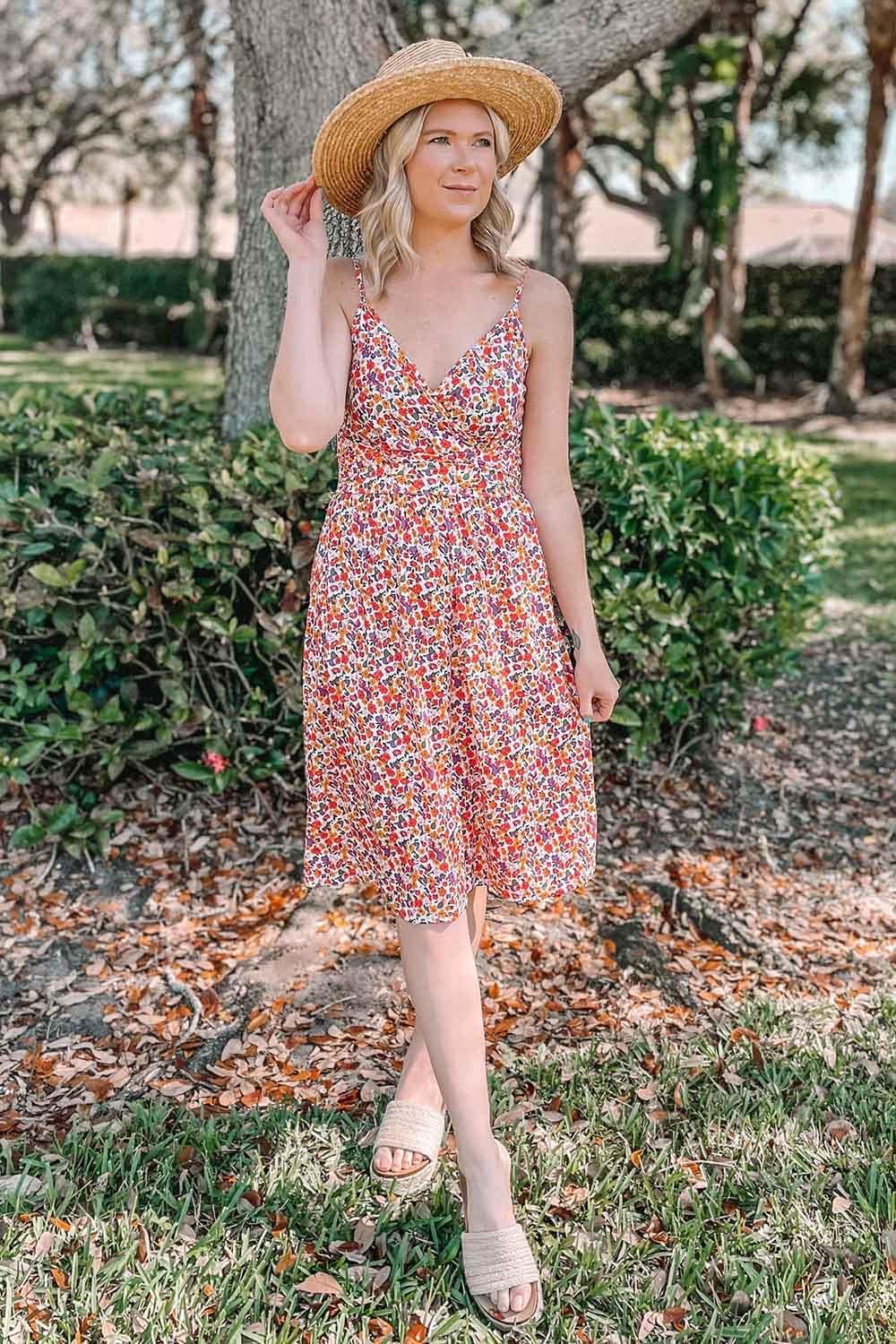 OUGES Sommerkleid Damen Knielang Kleider Sommer Spaghettiträger V-Ausschnitt Kleid Midikleid mit Tas