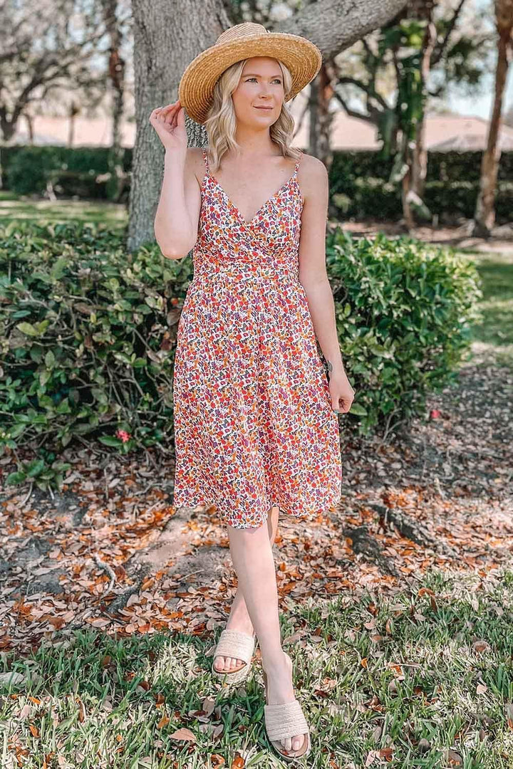 OUGES Sommerkleid Damen Knielang Kleider Sommer Spaghettiträger V-Ausschnitt Kleid Midikleid mit Tas