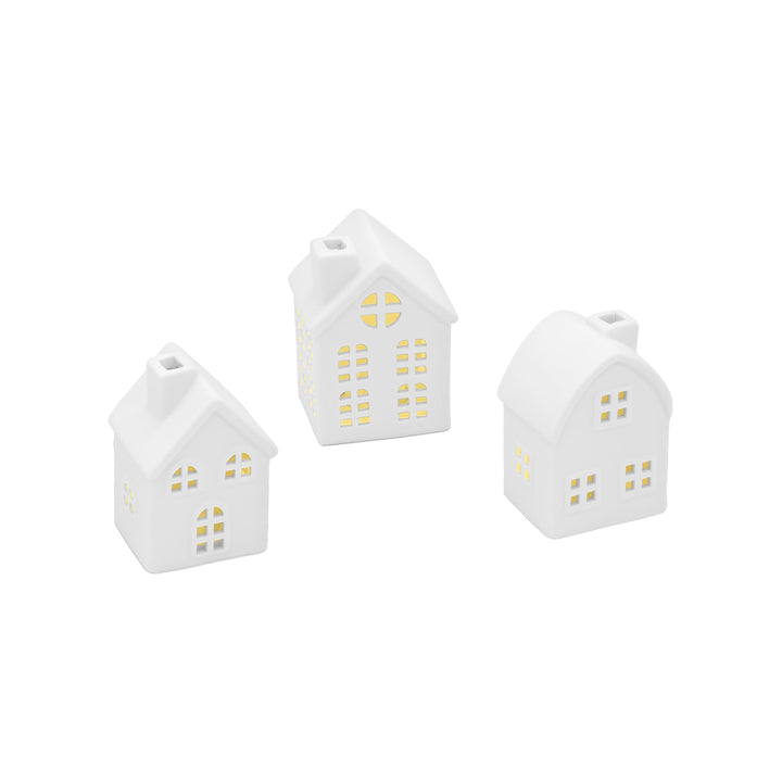 LED Keramik Haus weiss 9 cm - 3er Set - Deko Weihnachtsdorf mit Beleuchtung in warm weiss - Weihnach