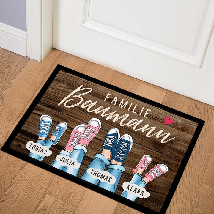 Fussmatte Personalisiert Familie bis zu 4 Kinder Aufdruck Turnschuhe Farben anpassbar rutschfest &amp; w