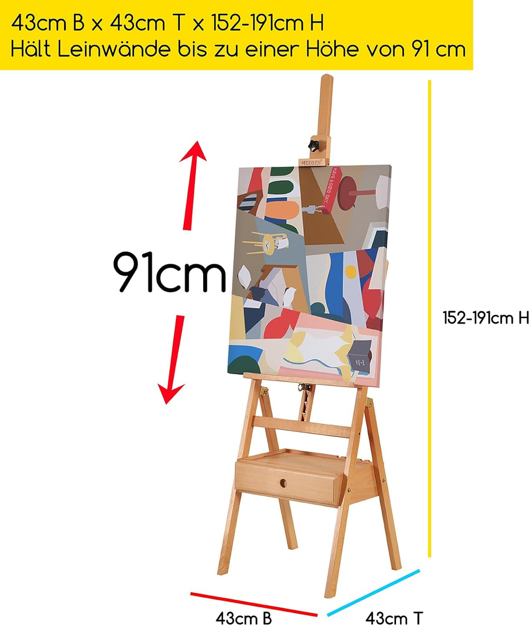 MEEDEN Staffelei Holz Gross mit Aufbewahrungsschublade, Verstellbare Leinwand Ständer (152-190cm) au