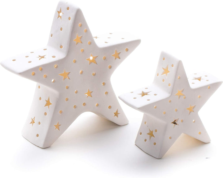 DARO DEKO Porzellan Stern weiss mit LED im Set L + XL