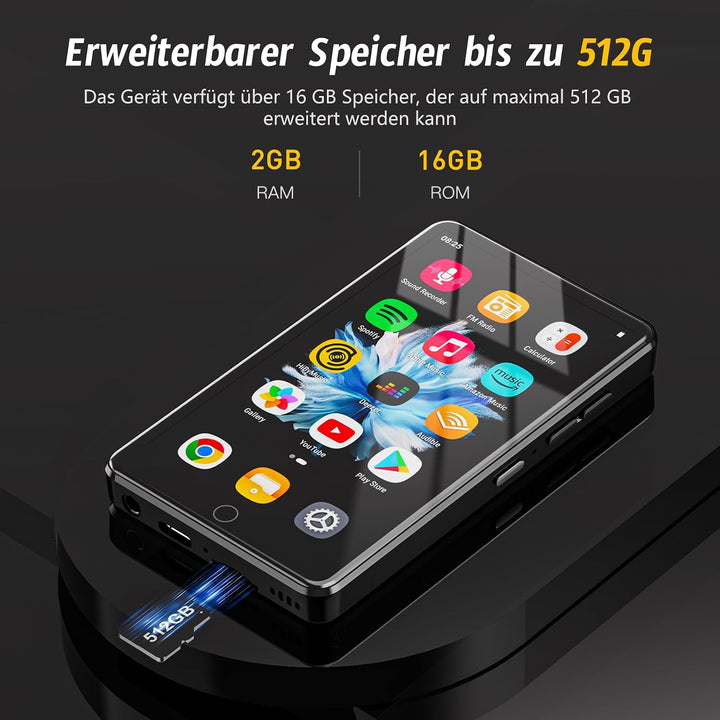 MP3-Player mit WLAN und Bluetooth, 4,02-Zoll-IPS-HD-MP4-Player, MP3-Player mit Lautsprechern, Androi