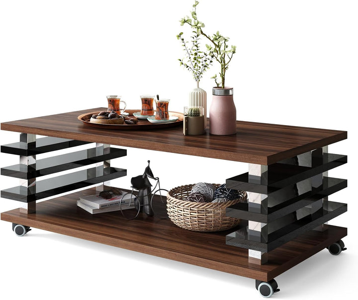 Design Couchtisch DC-3 Tisch Wohnzimmertisch mit Rollen 120x60x40 / 45, Farbe:Nussbaum - Schwarz Hoc
